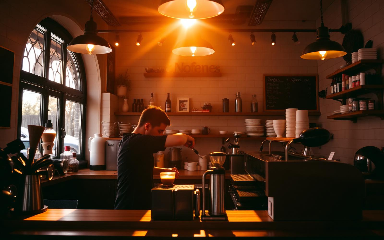 Barista preparing coffee in a warm café